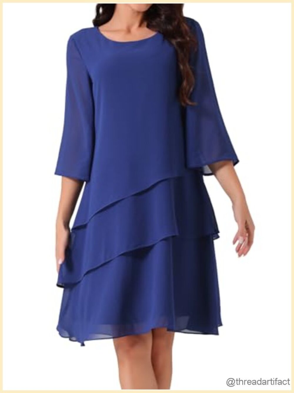 Women's Chiffon Dress 3/4 Bell Sleeve Crewneck Tiered Layered Flowy Party